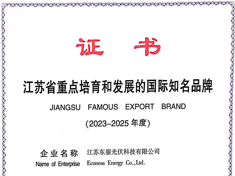 Econess Energy Successfully Selected as One of the Internationally Renowned Brands for Key Cultivation and Development in Jiangsu Province